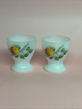 Vintage Egg Cup French Arcopal Milk Glass Fruit Pattern set of 2